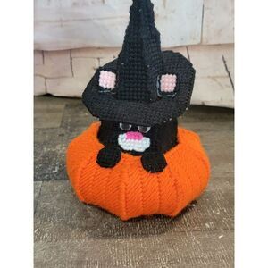 Knit pattern black cat witch pumpkin Halloween home decor figure